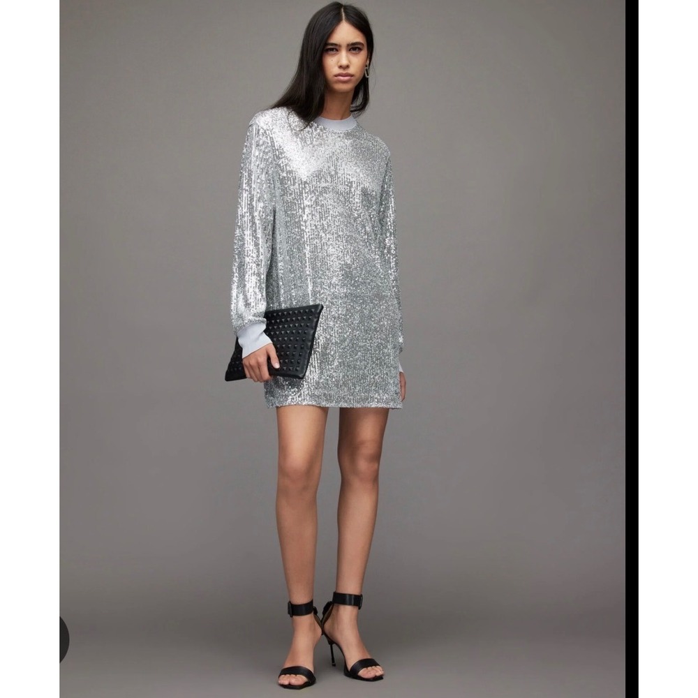 AllSaints Juela Mini Dress Silver Sequin Long Sleeve Ribbed Trim  Small WD167W